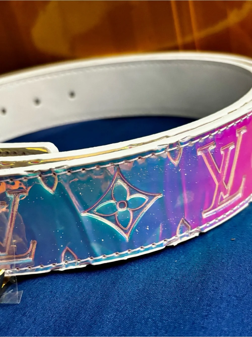 New  Iridescent Monogram Belt with Gold LV Buckle - White/Purple/Blue
